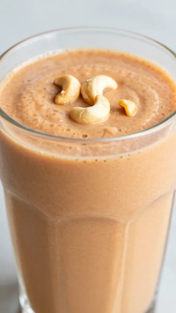 closeup of carrot cake smoothie in clear glass, cashew garnish