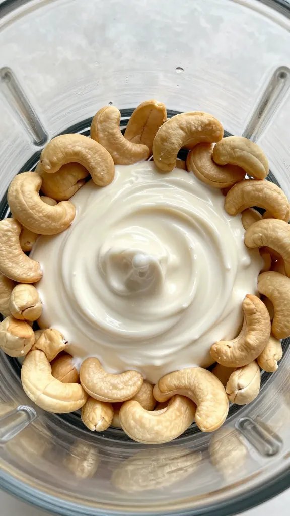 macro shot of soaked cashews in blender jar, creamy swirl