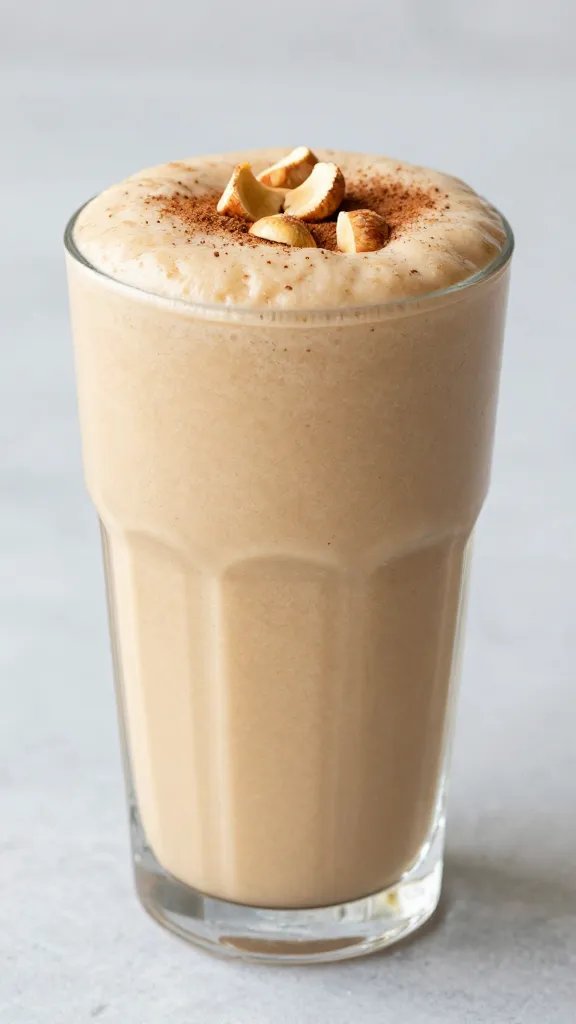 thick carrot cashew smoothie in frosted tumbler, cinnamon dust