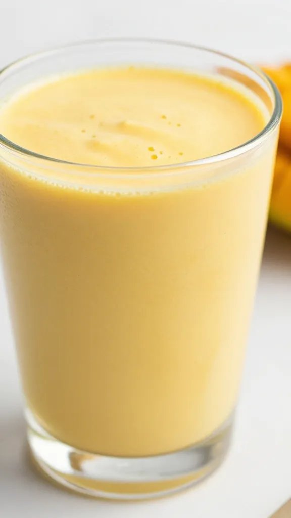 closeup of golden turmeric mango lassi in clear glass