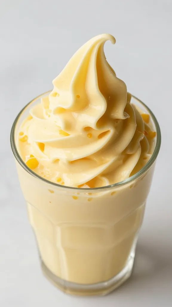 overhead shot of thick mango lassi swirl in glass