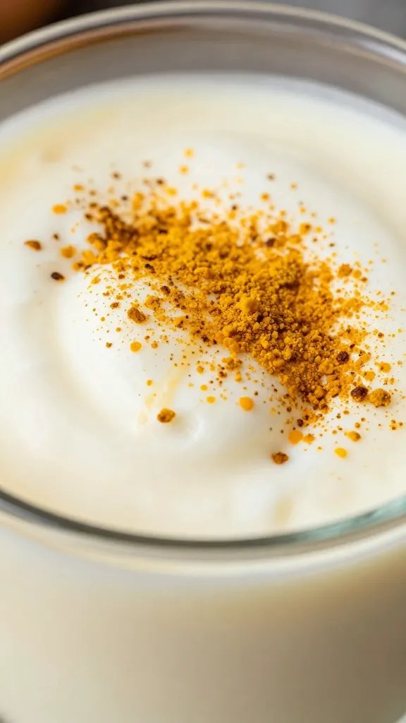 macro of turmeric-dusted lassi foam on yogurt smoothie