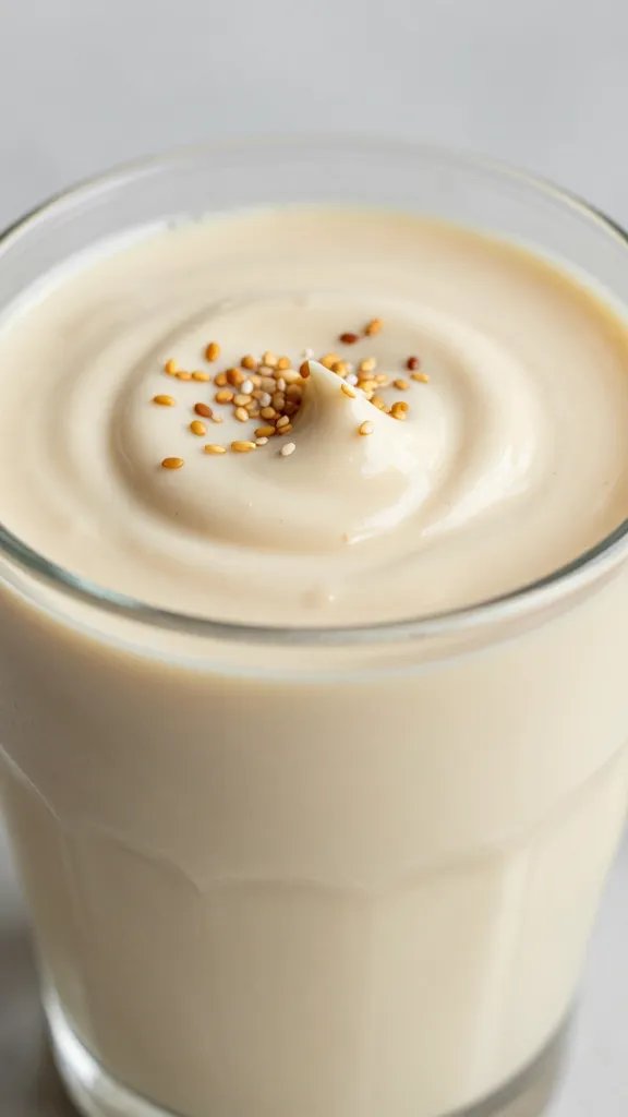 closeup tahini date smoothie in clear glass, sesame garnish