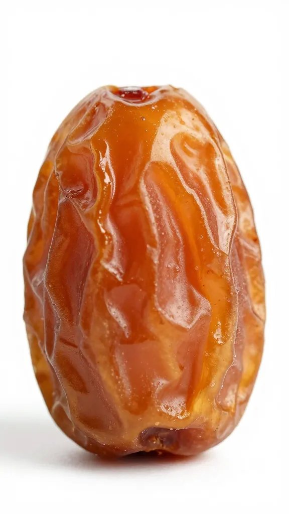 single Medjool date split open, caramel flesh, macro shot
