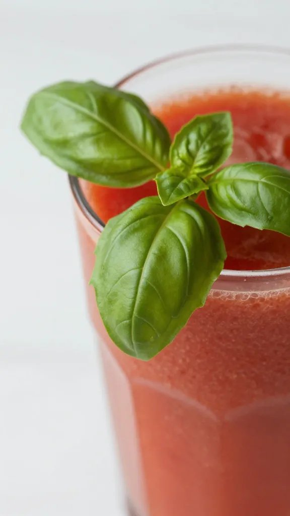 closeup basil leaf garnish on tomato smoothie rim, soft light