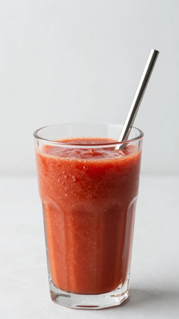 stainless straw in gazpacho-style tomato smoothie, minimal backdrop