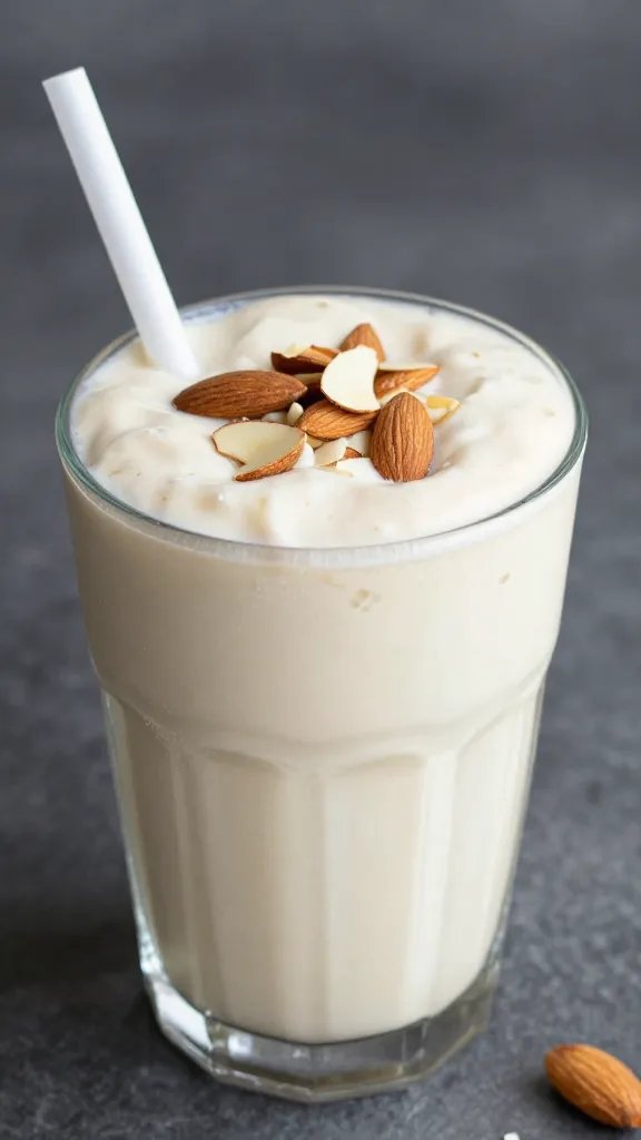 single vanilla almond smoothie topped with sliced almonds, macro shot