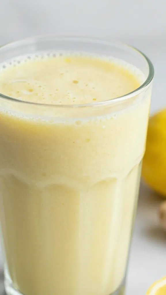 closeup lemon ginger smoothie in clear glass, soft daylight