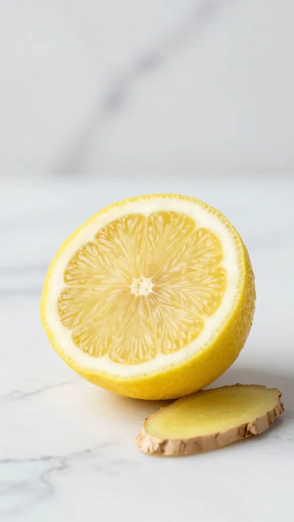 single fresh lemon half with ginger slice, marble backdrop