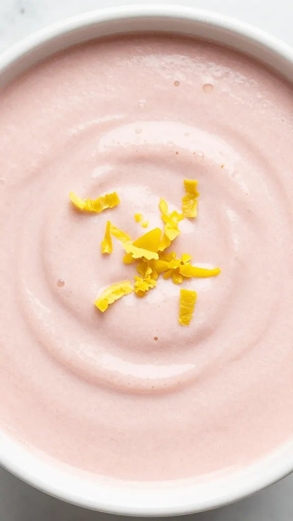 overhead view of blended smoothie surface with lemon zest garnish