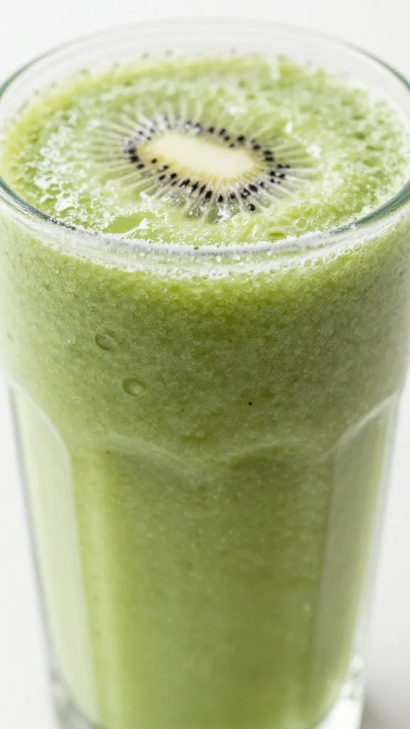 closeup kiwi apple smoothie in clear glass, frosty rim