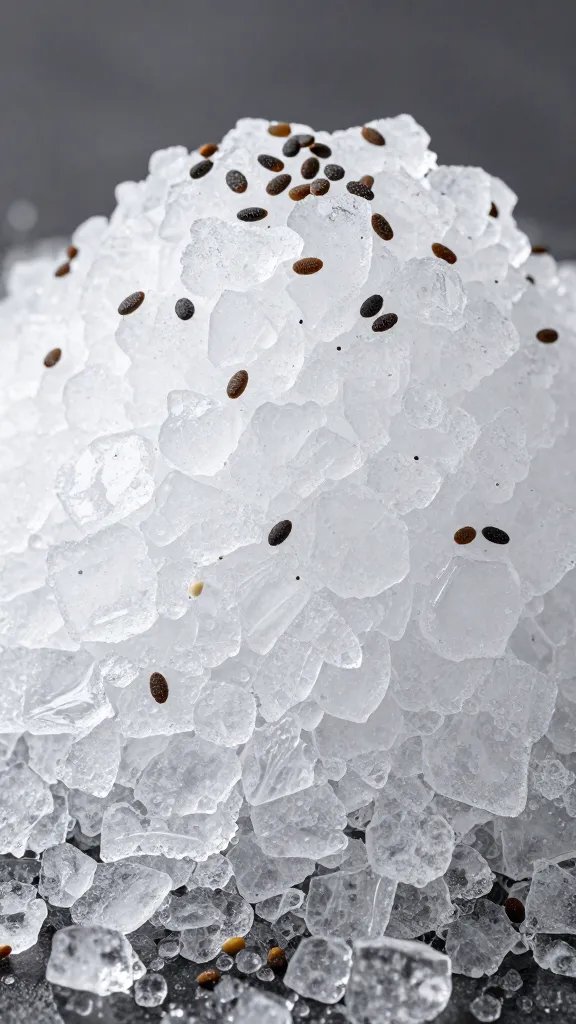 crushed ice mound with kiwi seeds, macro food photography