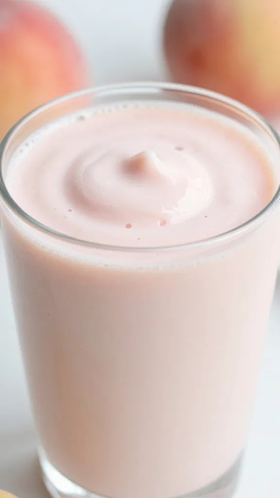 closeup peach yogurt smoothie in clear glass, soft daylight