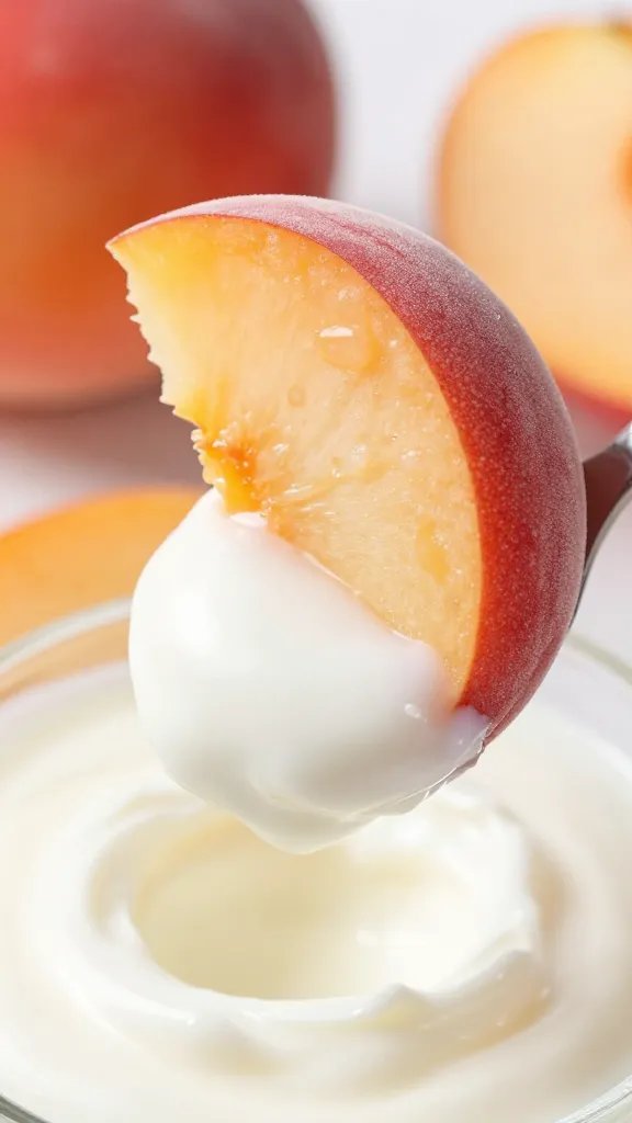 frozen peach slice dipped in creamy yogurt, macro shot