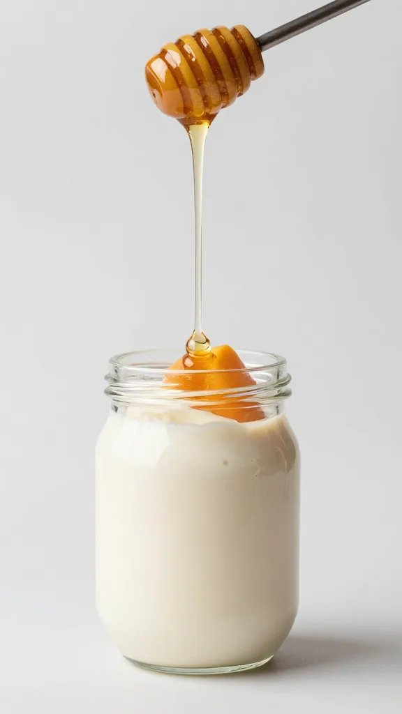 honey drizzle over peach yogurt smoothie, minimalist background