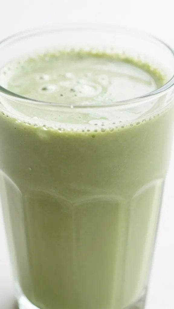 closeup of matcha banana smoothie in clear glass, soft daylight
