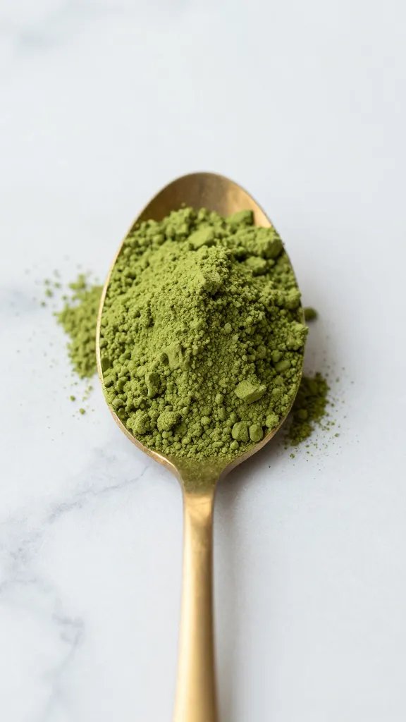 ceremonial-grade matcha powder in gold spoon, marble backdrop