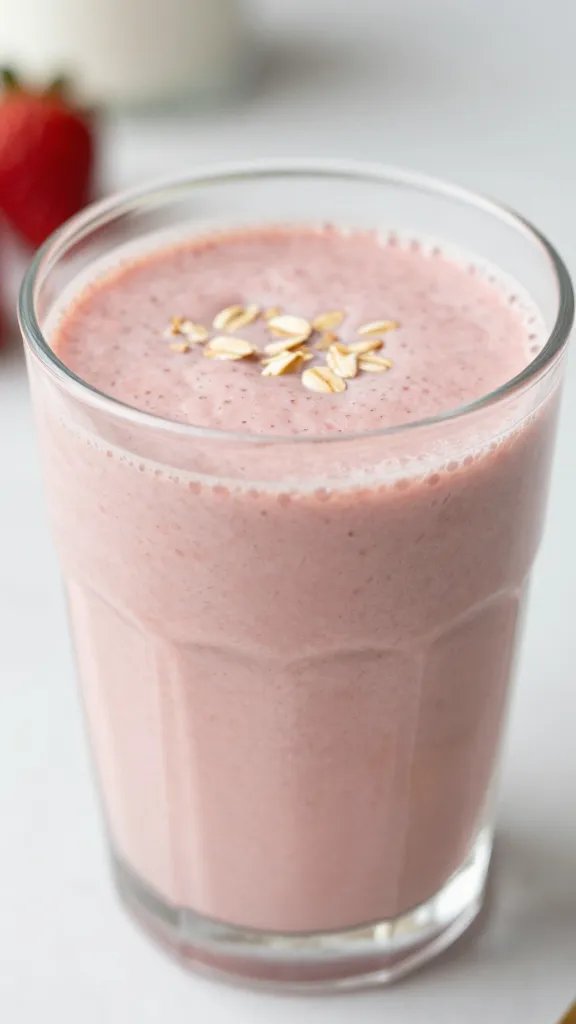 closeup strawberry oat smoothie in clear glass, soft morning light