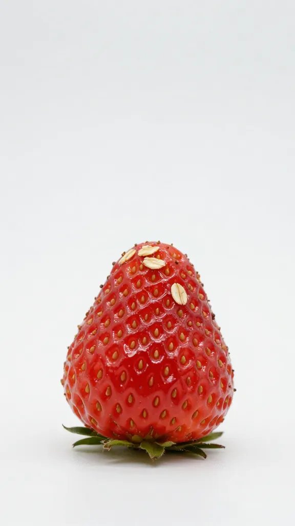 single ripe strawberry dusted with oats, minimalist backdrop