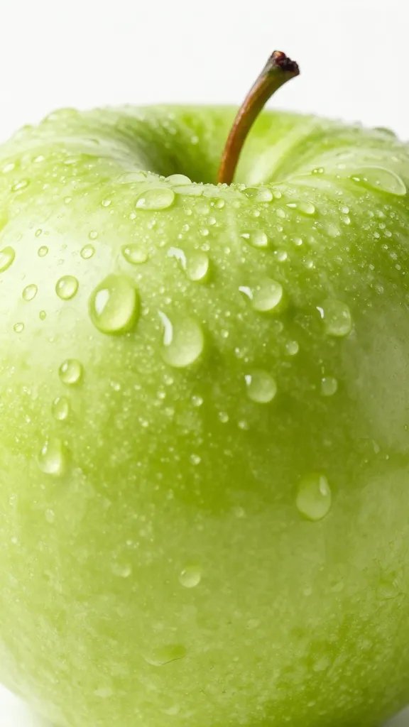 sliced green apple closeup with dewy droplets, bright backdrop