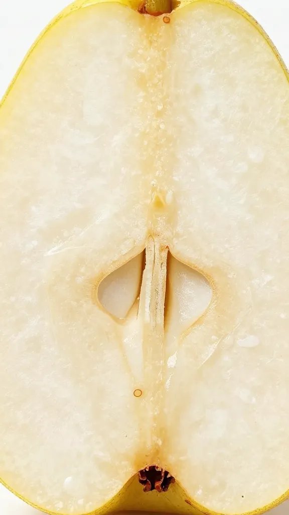 halved ripe pear closeup with visible texture, soft light