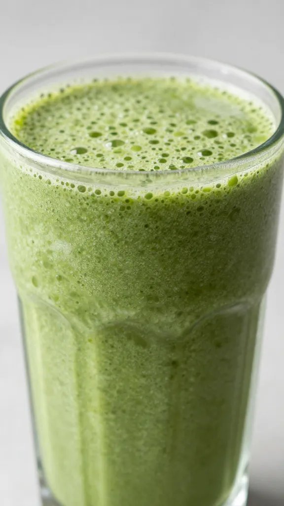 closeup pineapple spinach smoothie in clear glass, frosty condensation