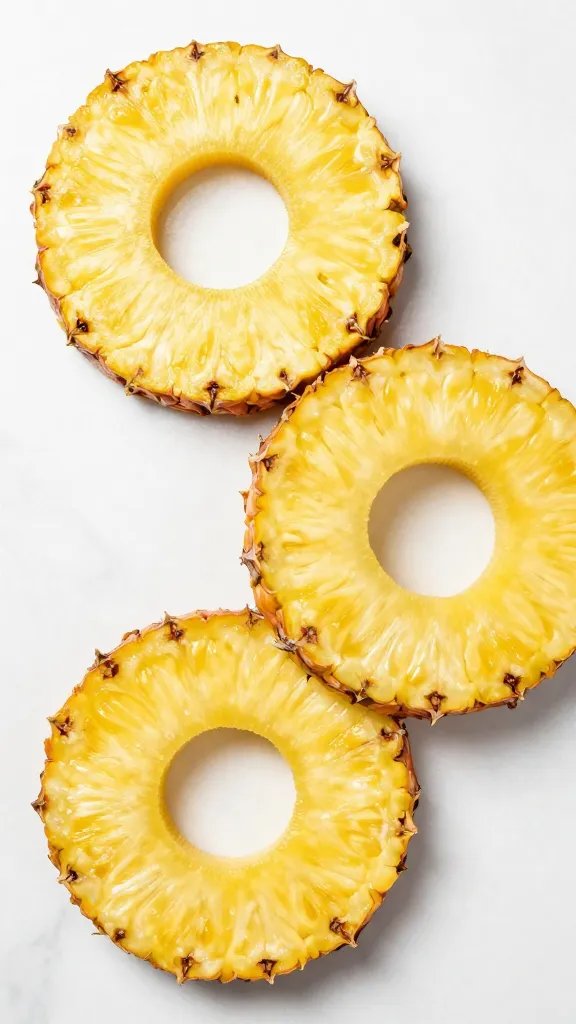 overhead shot of ripe pineapple rings on white marble