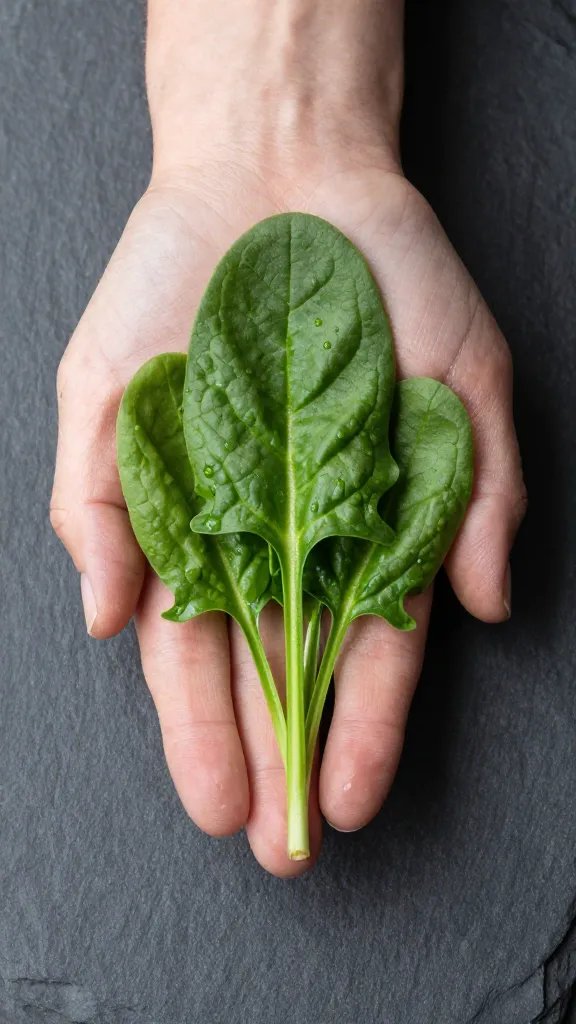 handful of fresh baby spinach leaves on matte slate surface