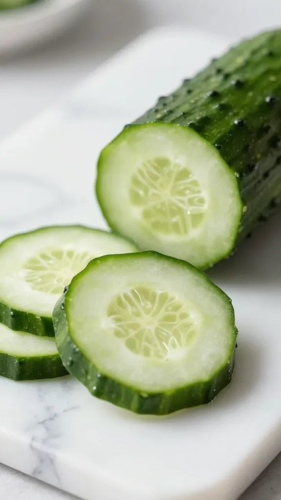 closeup of sliced English cucumber on marble cutting board