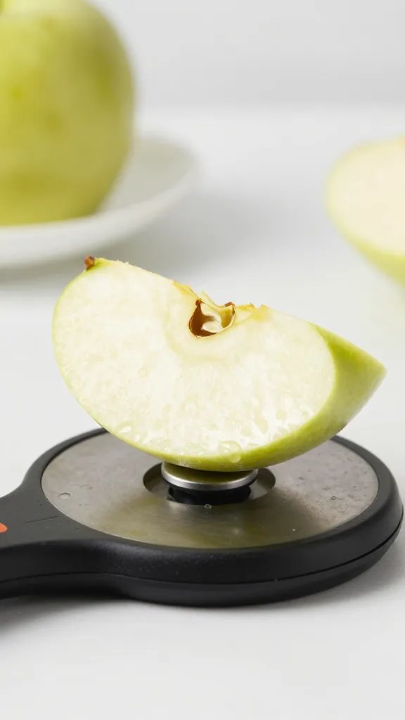 honeycrisp apple wedge on blender blade, studio lighting