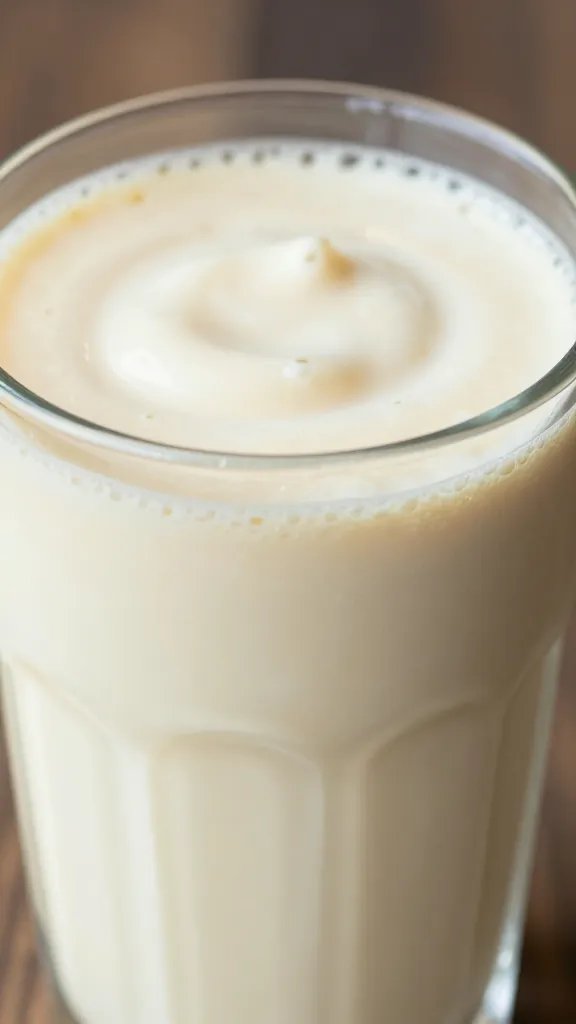 closeup creamy pear vanilla smoothie in clear glass