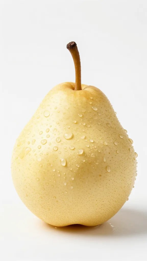 single ripe Bartlett pear with water droplets, studio lighting