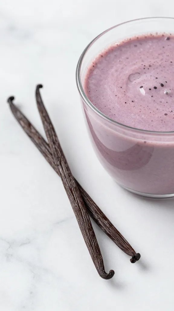 vanilla bean pod on marble next to smoothie rim