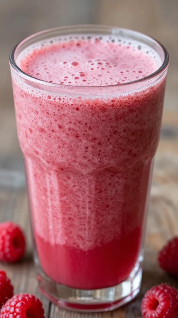 closeup raspberry lemonade smoothie in clear glass, frosty condensation
