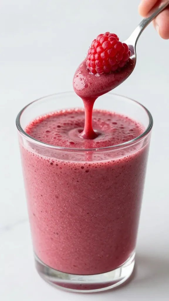 spoonful of thick raspberry smoothie held above glass rim