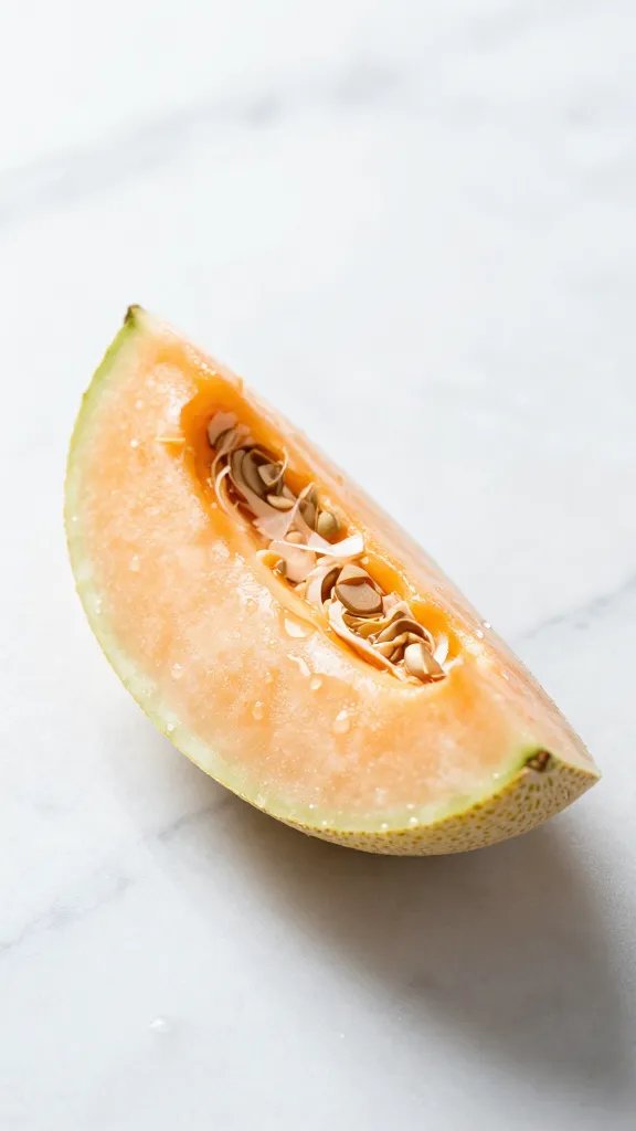 single ripe honeydew wedge with dewdrops on marble surface