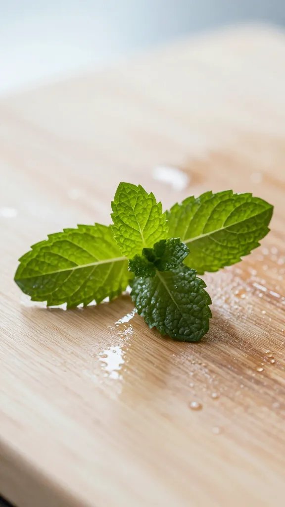 fresh mint sprig macro on wet cutting board, soft morning light