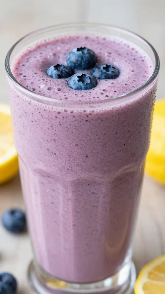 closeup lemon blueberry smoothie in clear glass, frosty condensation