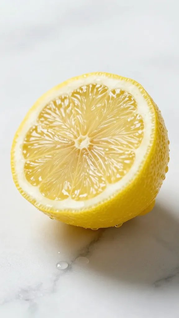 single halved lemon on marble, juice droplets glistening