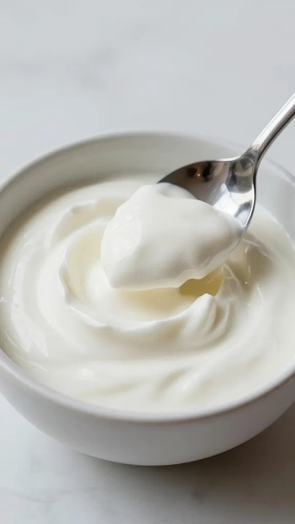 spoonful of thick Greek yogurt, soft natural light
