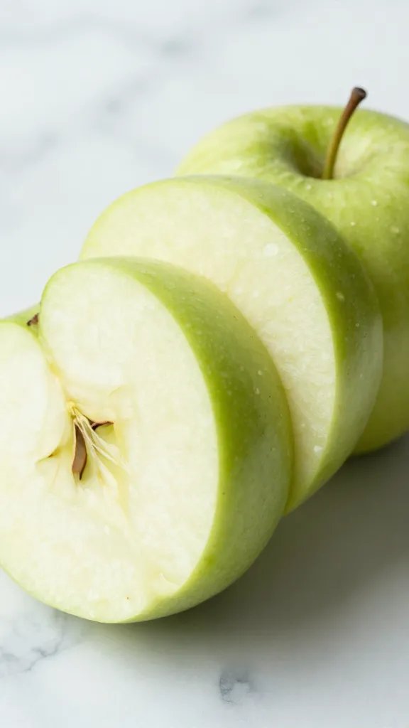 **Closeup of crisp green apple slices on marble countertop**