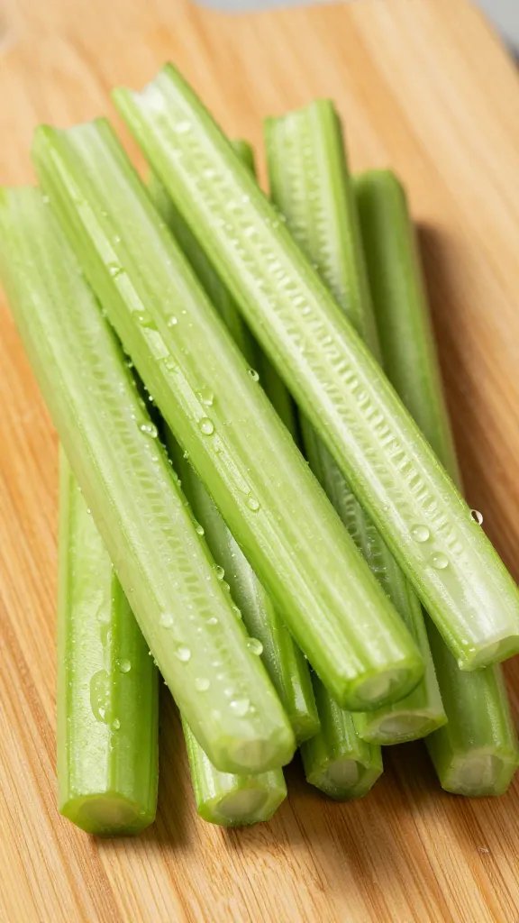 **Fresh cucumber spears with dewdrops on cutting board**