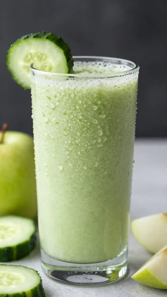 **Glass of cucumber apple smoothie with condensation on side**