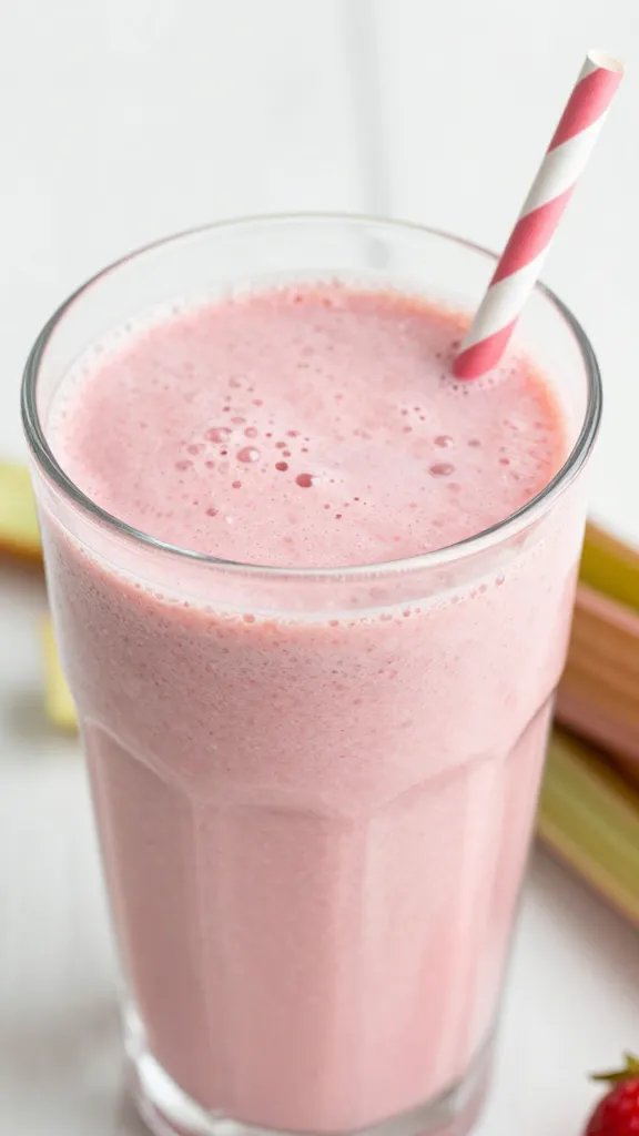**Closeup of strawberry rhubarb smoothie in glass**