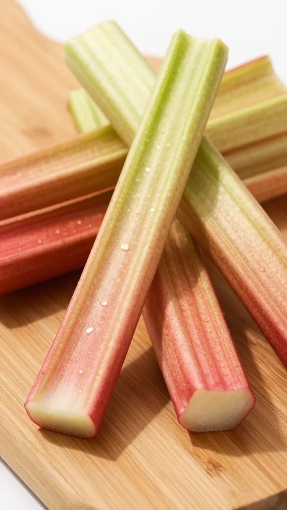 **Fresh sliced rhubarb stalks on wooden cutting board**