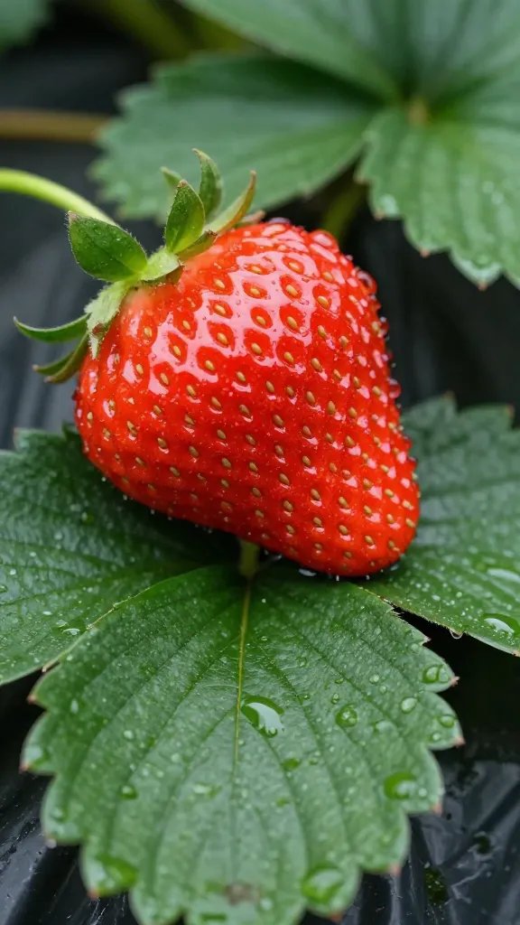 **Ripe strawberries with dewdrops on green leaves**