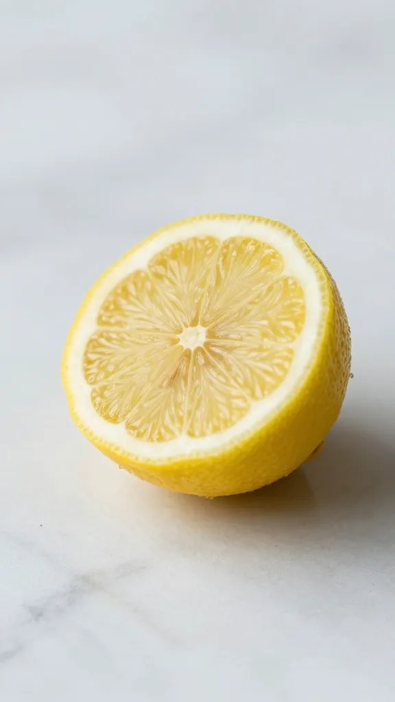 **Single ripe lemon halved on marble countertop**