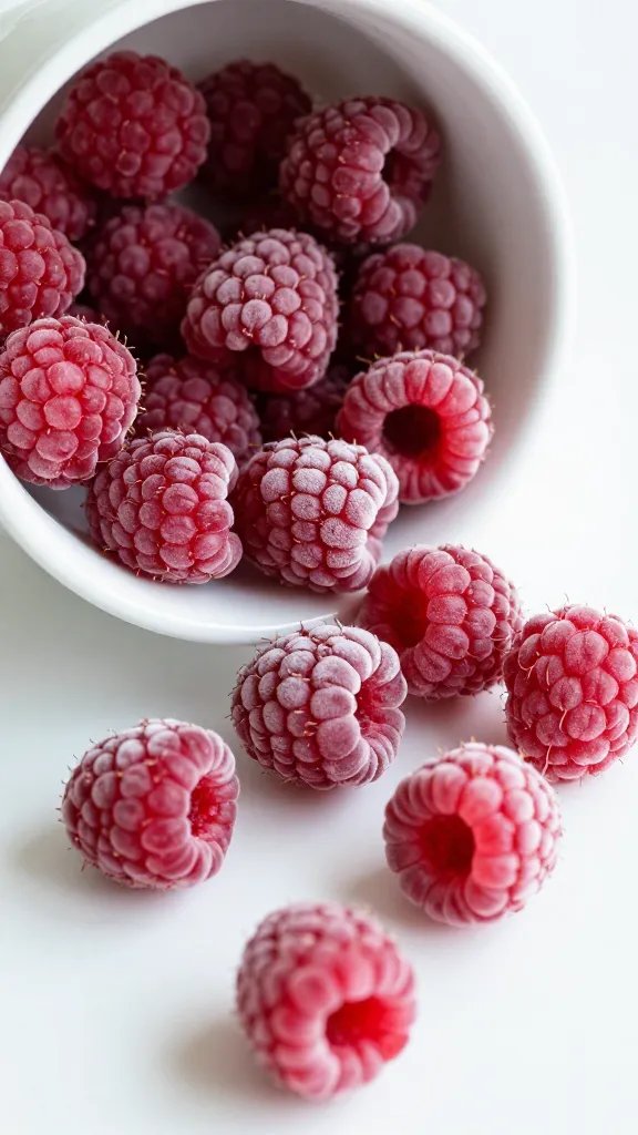 **Frozen raspberries spilling from white ceramic bowl**