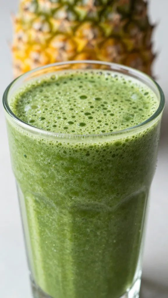 **Closeup of vibrant pineapple spinach smoothie in glass**