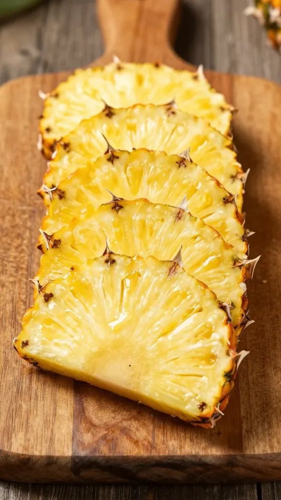 **Fresh pineapple slices on rustic wooden cutting board**